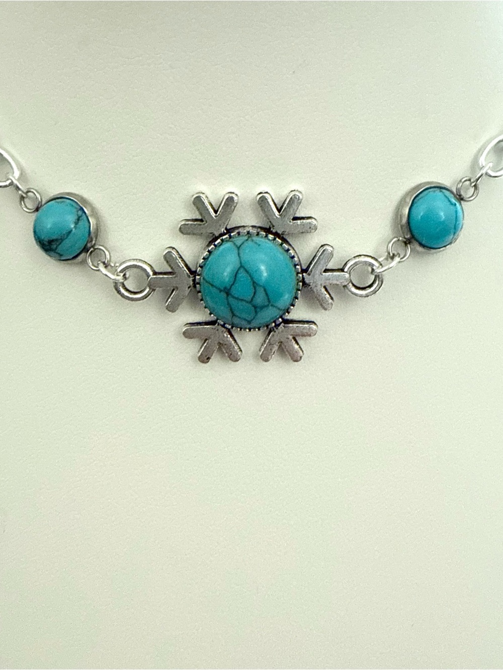 S925 Sterling Silver Snowflake Necklace Blue Turquoise Howlite Statement 20"